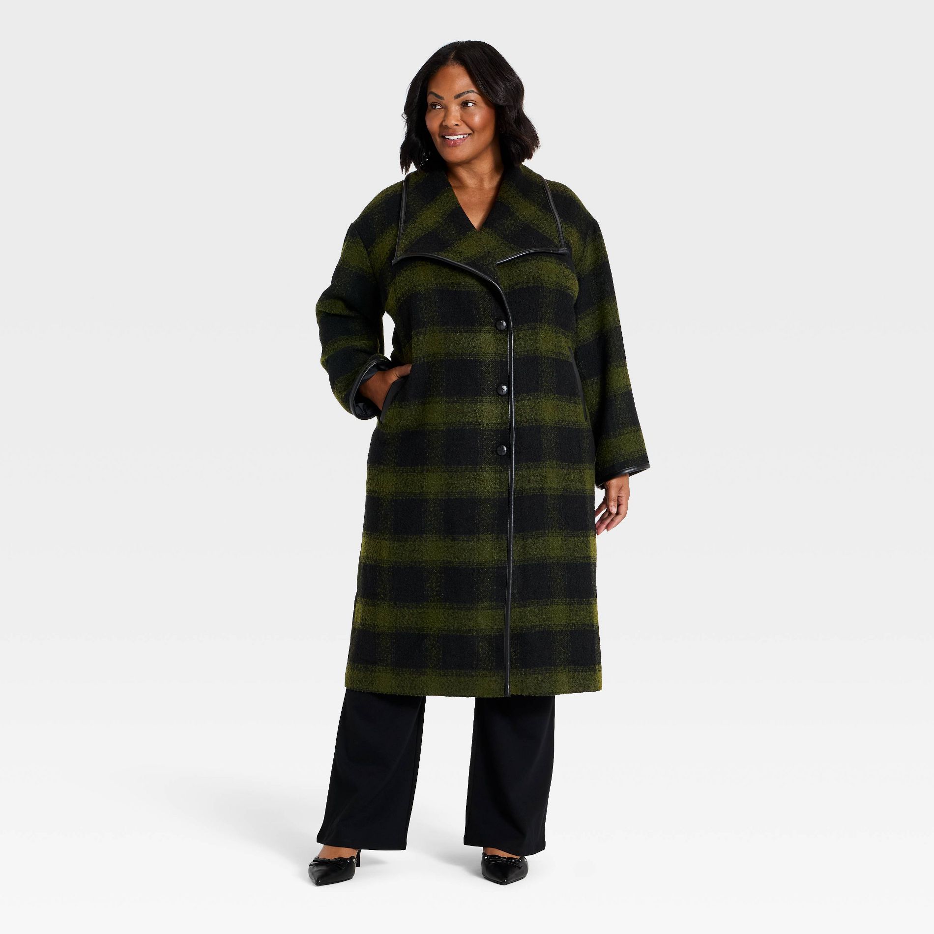 Women's Plus Faux Wool Plaid Top Coat - Ava & Viv™ Green