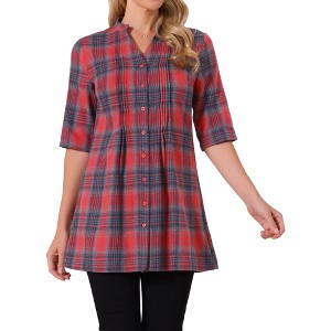 INSPIRE CHIC Women's Vintage Button Down V Neck Elbow Sleeve Christmas Plaid Casual Tunic Blouse - 1 of 4
