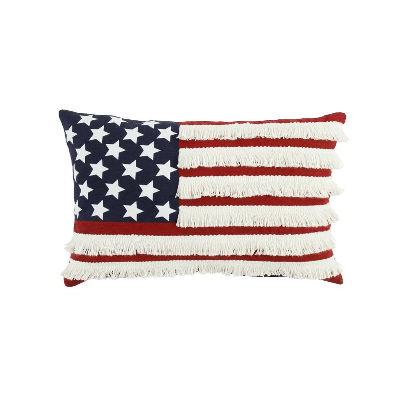 13&#34;x22&#34; Oversize American Flag Fringe Lumbar Throw Pillow Red - Lush D&#233;cor, 1 of 5