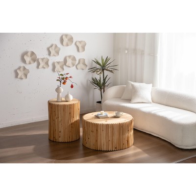 Okak Nesting Coffee Table Set of 2, Ribbed Cylinder End Tables, Vintage Farmhouse Style for Living Room Office Balcony Yard, 31.5"+20.47", Natural