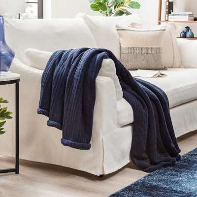 Navy Blue Cable Knit and Sherpa Reversible Throw Blanket 50" x 65"