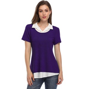 Women's Short Sleeve V-Neck Contrast Collared Shirts Patchwork Work Blouse Tunics Tops - 1 of 4