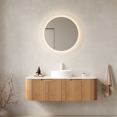 Dolonm Wall-Mounted Floating Curved Edge Vanity with Ceramic Sink, Natural Woodgrain Storage Cabinet with Soft-Close Drawer