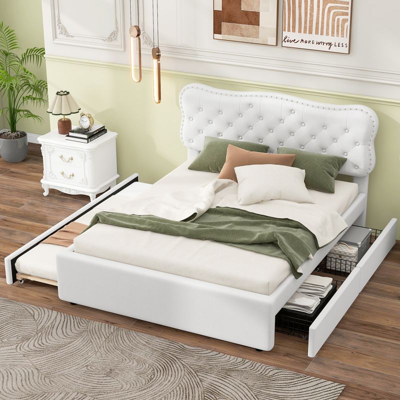 Queen/Full Size Upholstered Platform Bed with Storage Drawers and Trundle Bed, White-ModernLuxe, 3 of 14