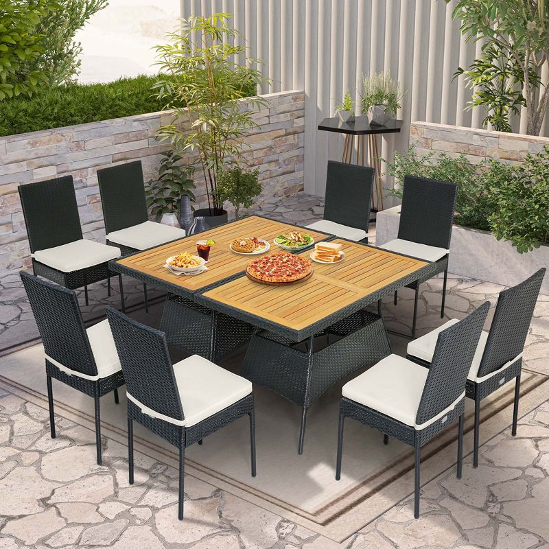 Costway 10 PCS Patio Rattan Dining Set Rectangular Wood Top Tables Cushioned Chair Garden, 4 of 9