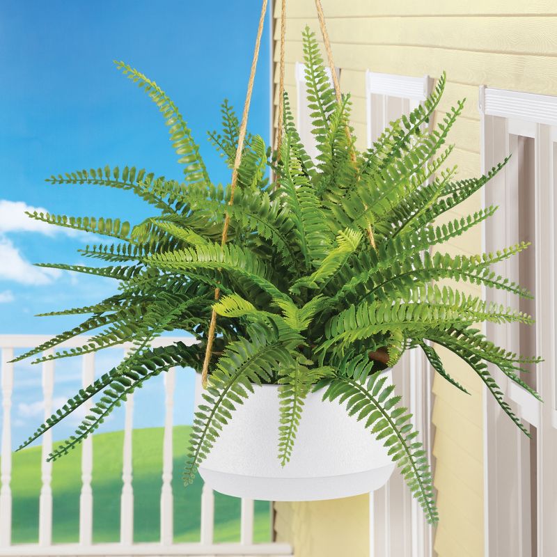Collections Etc Realistic Looking Boston Fern Artificial Hanging Planter with White Plastic Base 18 X 18 X 22, 2 of 3