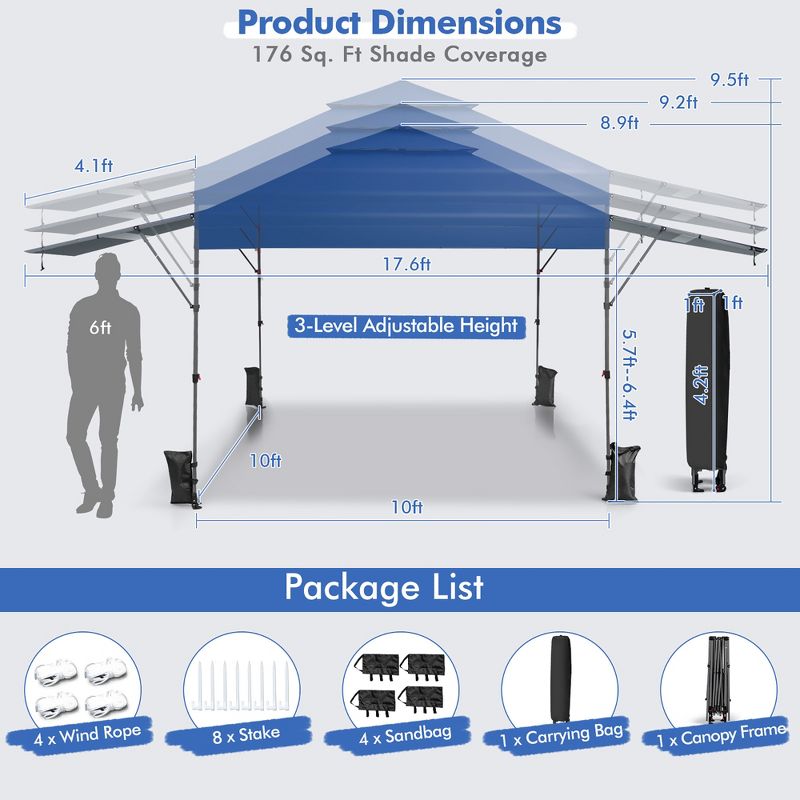 Costway 10'x17.6'Outdoor Instant Pop-up Canopy Tent Dual Half Awnings Adjust Patio, 3 of 11