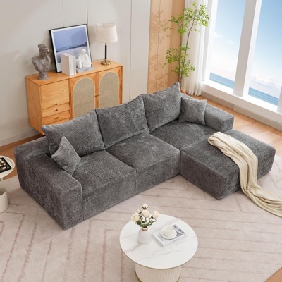 Modular Sectional Sofa, 110 Inch Seat L-Shaped Couch with 5 Throw Pillows, Chenille Floor Sofa, for Living Room, Bedroom, Office