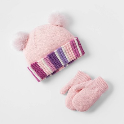 Toddler Girls' 2pk Rainbow Double Striped Cuffed Beanie with Magic Mitten - Cat & Jack™ Pink 2T-5T