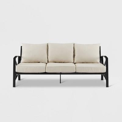 Oatmeal Cushioned Black Metal Three-Seat Outdoor Sofa