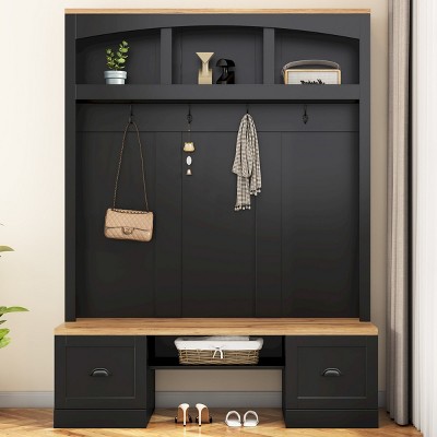 4-In-1 Particle Board Hall Tree Entryway With Bench Shoe Storage,Coat Rack Adjustable Shelves With 4 Hooks,For Hallways,Living Room,-Cuddlewood