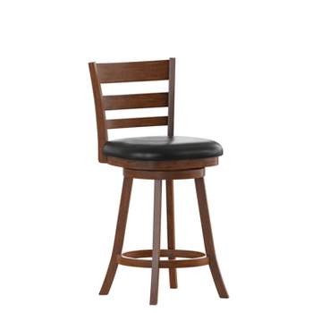 Merrick Lane 24" Classic Wooden Ladderback Swivel Counter Height Stool with Upholstered Padded Seat and Integrated Footrest