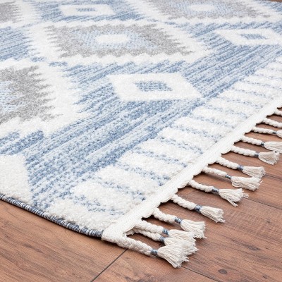 Blue and White Braided Geometric Diamond Area Rug