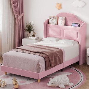 Twin Bed Frame for Kids, Upholstered Velvet Platform Bed for Boys with Wingback, Storage Bookcase Headboard, Noise-Free, Easy Assembly - 1 of 4