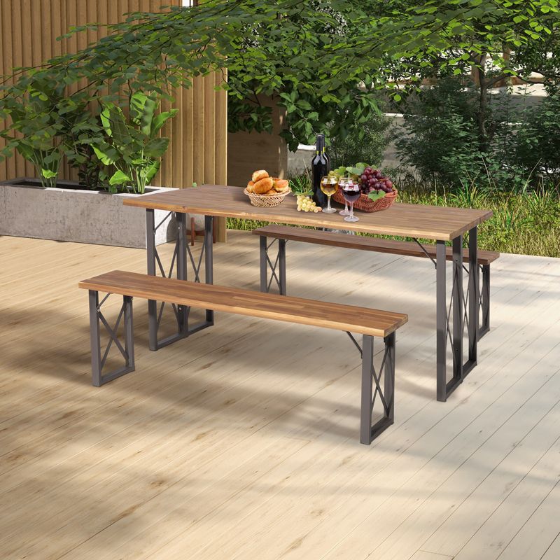 Tangkula 3 Piece Patio Picnic Table Bench Set, Outdoor Camping Table Set w/ Acacia Wood Tabletop & Seat 2” Umbrella Hole, 2 of 11