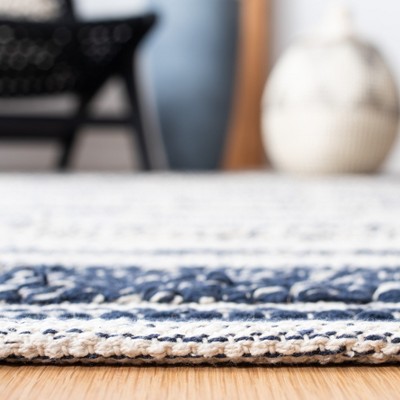 Ivory and Navy Square Handwoven Wool Cotton Area Rug