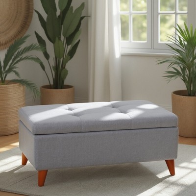 Alilang 38 inch Mid-Century Tufted Storage Ottoman with Hinged Lid and Tapered Wooden Legs-Light Gray