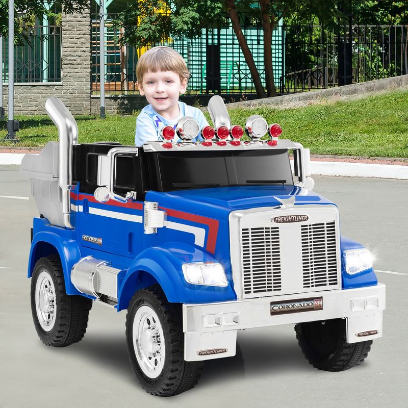 Costway 12V Licensed Freightliner Kids Ride On Truck Car RC w/ Dump Box & Lights Red\Blue, 2 of 11