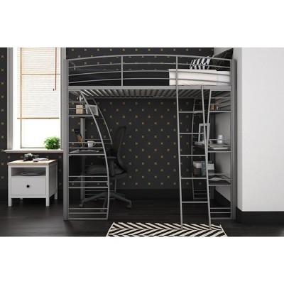 Silver Twin Metal Loft Bed with Desk and Shelves