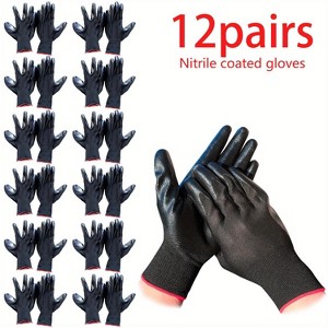 Paaaawaters 12Pairs of General Work Gloves, Nitrile Rubber Coated Knitted Gloves, Anti-slip Work Gloves, Anti-static, Gardening Gloves - 1 of 4