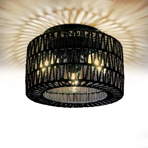 YANSUN 11.8 in.3-Light Black Flush Mount Ceiling Light with Hand-Woven Cage Shade for Hallway Bedroom - 1 of 1