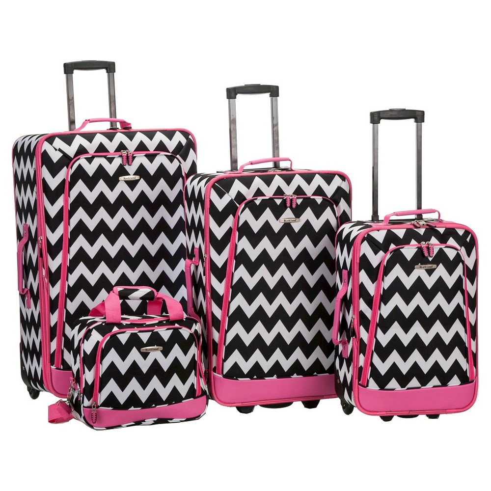 Photos - Luggage Rockland Escape 4pc Softside Checked  Set - Pink Chevron 