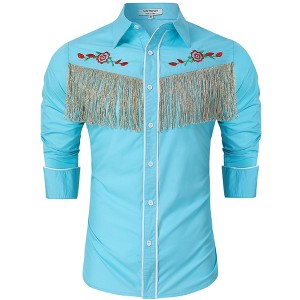Clearlove Men’s Western Slim Fit Denim Shirt with Long Sleeves, Fringe Detailing, and Rose Embroidery - 1 of 4