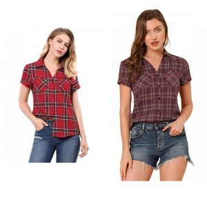 Allegra K Women's Classic Short Sleeve Button Down Plaid Shirt 2 Pcs - 1 of 4