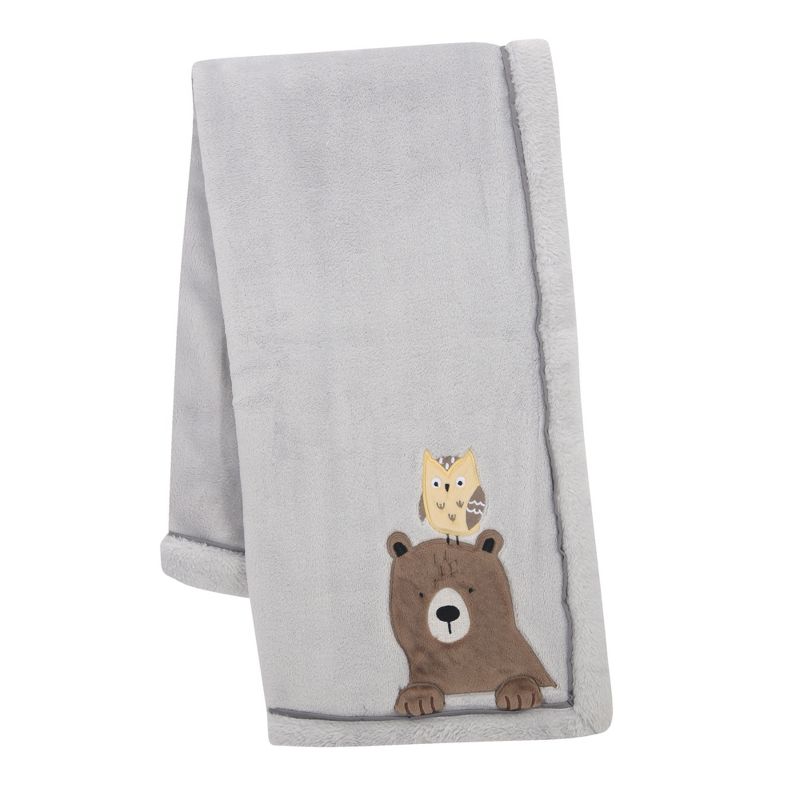 Lambs & Ivy Sierra Sky Grey Bear/Owl Soft Fleece Baby Blanket, 1 of 6
