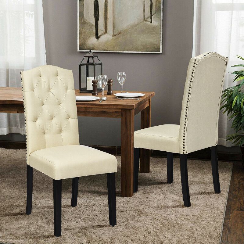 Costway Set of 2 Tufted Dining Chair Upholstered Nailhead Trim Rubber Wooden Leg, 2 of 11