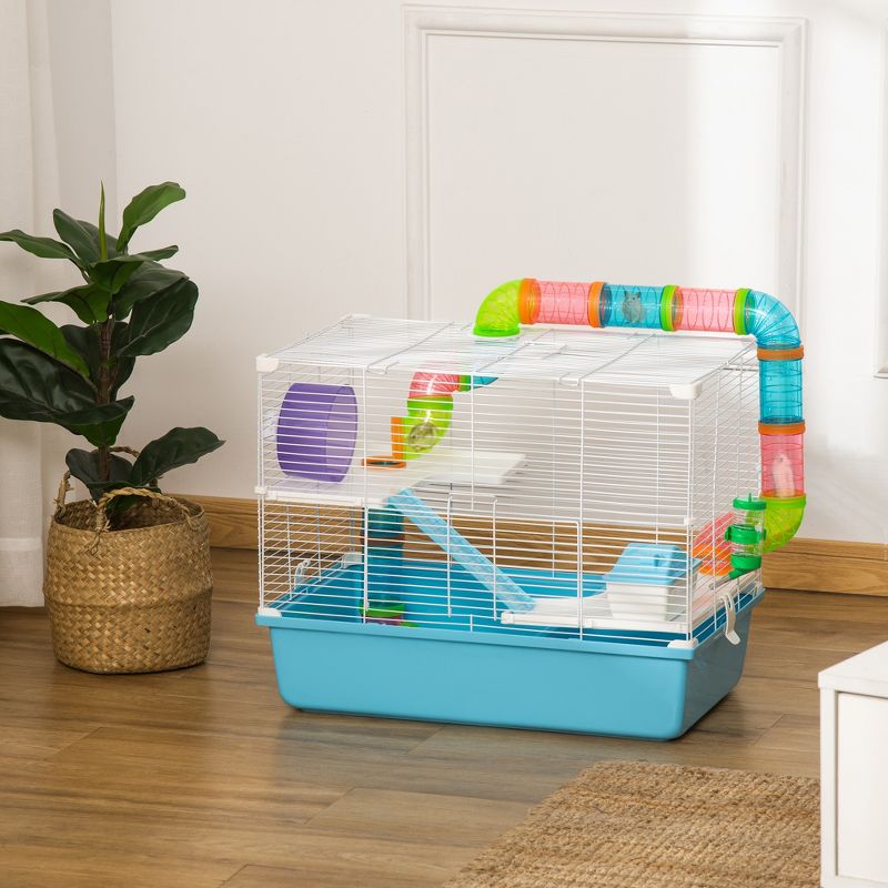 PawHut Large Hamster Cage and Habitat, 3-Level Steel Rat Cage, Small Animal House, with Tube Tunnels, Exercise Wheel, 23" x 14" x 18.5", Light Blue, 3 of 8