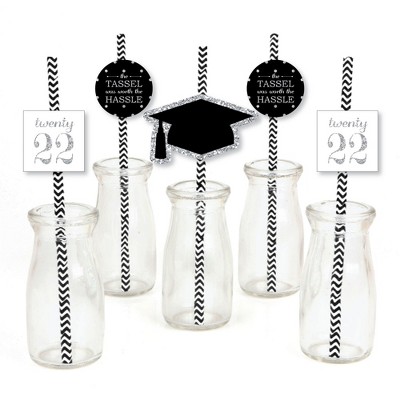 Big Dot of Happiness Silver Tassel Worth The Hassle Paper Straw Decor - 2022 Graduation Party Striped Decorative Straws - Set of 24