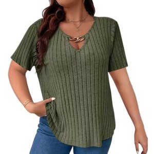Plus Size Casual Tops for Women Fashion V Neck Ribbed Knit Short Sleeve Shirts Plain Loose Blouse Tops - 1 of 3