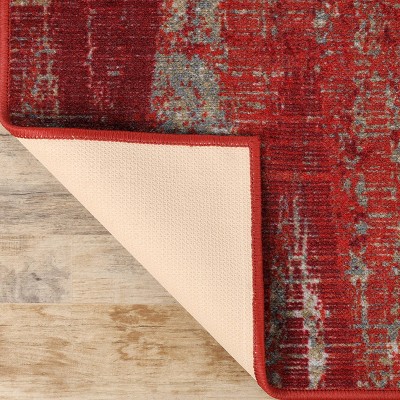 Modern Abstract Red and Beige Synthetic Non-Slip Area Rug, 2'x3'