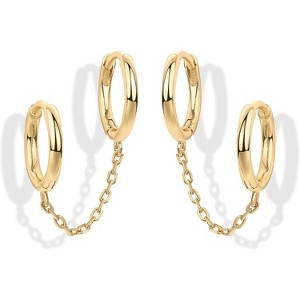 14K Gold Chain Earrings for Women | Double Piercing Dangle Chain Huggie Hoop Earrings | Cubic Zirconia Pearl Stud Ear Cuff Earrings for Women - 1 of 4