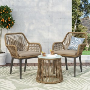 3-Piece Outdoor Wicker Patio Conversation Set, Rattan Finish with Cushioned Chairs and Glass-Top Side Table-The Pop Home - 1 of 4