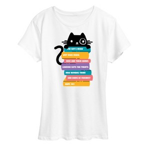 Women's - Instant Message - Cat Peeking Over Book Stack Short Sleeve Graphic T-Shirt - 1 of 4