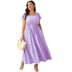 Clearlove Women Plus Size Summer Maxi Dress Short Sleeves High Waist Ruffle Casual Dress with Pockets - 1 of 4