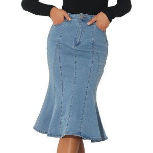 INSPIRE CHIC Women's High Waist Fishtail Ruffle Denim Jean Skirt - 1 of 4