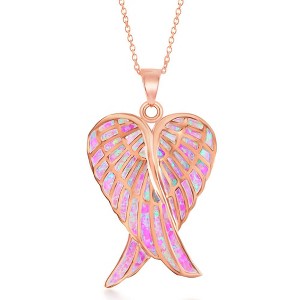 Opalata Sterling Silver Pink Inlay Opal Angel Wings 18" Pendant Necklace - Rose Gold Plated - Pink - 1 of 2
