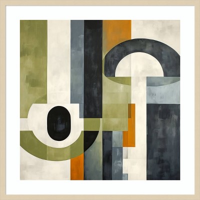 Sage Green and Orange Geometric Abstract 33"x33" Wood Framed Wall Art