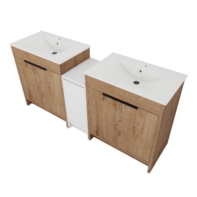 Vynxaria 72 in. Double Freestanding Glossy White Imitation Oak Plywood Bath Vanity with White Ceramic Top KD-PACKING Ready to Assemble