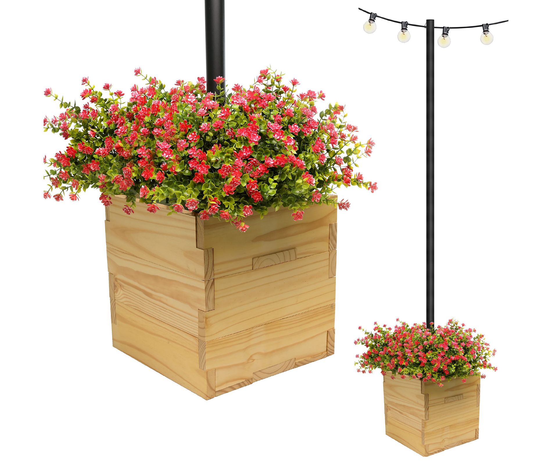 Large Decorative Wooden Planter w/ Pole Support for Lights, Umbrellas & Feeders, 14"x14"x14", Natural
