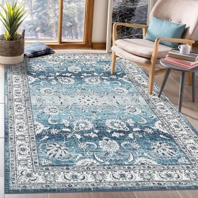 Machine Washable Vintage Rustic Floral Vintage Rug | Non-Slip Soft Low-Pile Carpet | Distressed Oriental Design – Traditional Indoor Floor Cover