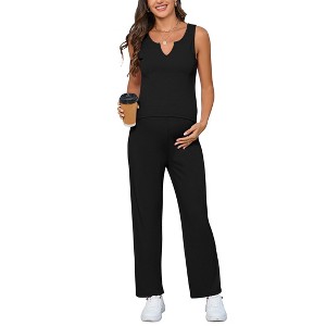 Women's Maternity 2 Piece Outfits Rib Knit V Neck Sleeveless Tank Top and Drawstring Waist Wide Leg Pants Lounge Set - 1 of 4