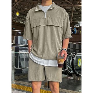TIME HOLLOW Summer Zipper Stand Collar T-Shirt & Shorts Set - Stylish And Functional - 1 of 3