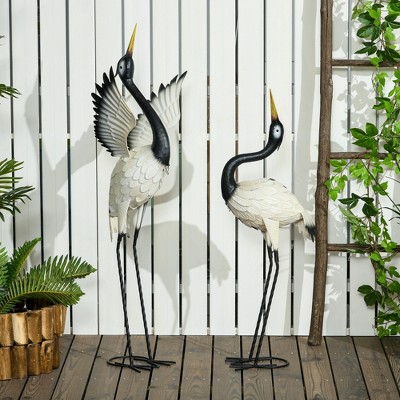 Set of 2 White and Black Metal Heron Garden Statues
