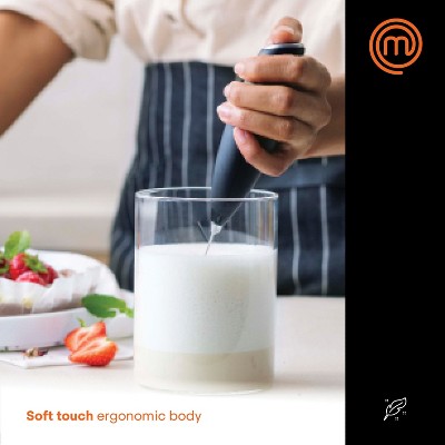 Black Battery-Operated Ergonomic Milk Frother with Stainless Steel Whisk