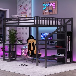 TIRAMISUBEST Queen Size Metal Loft Bed with Wardrobe & L-Desk - LED Light, USB Charging for All Ages, Black - 1 of 4