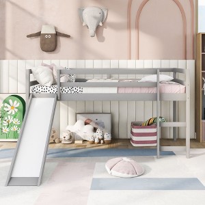 PAGED Twin Size Loft Bed, Modern Wooden Bed Frame, Bunk Bed with Slide, Guardrails and Ladder for Bedroom - 1 of 4